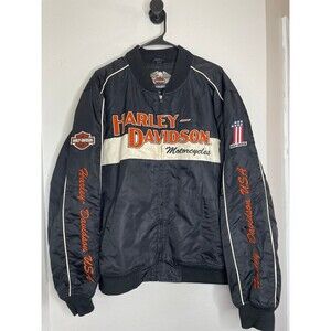 Y2K Harley Davidson Bomber Jacket Mens L Black Logo Racing Nylon 2010 USA